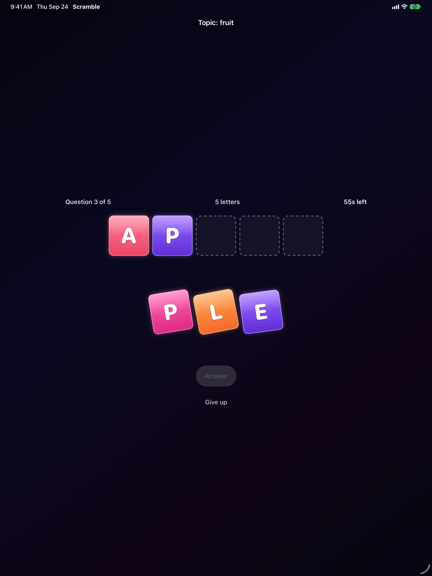 AI Word Scramble iPad screenshot